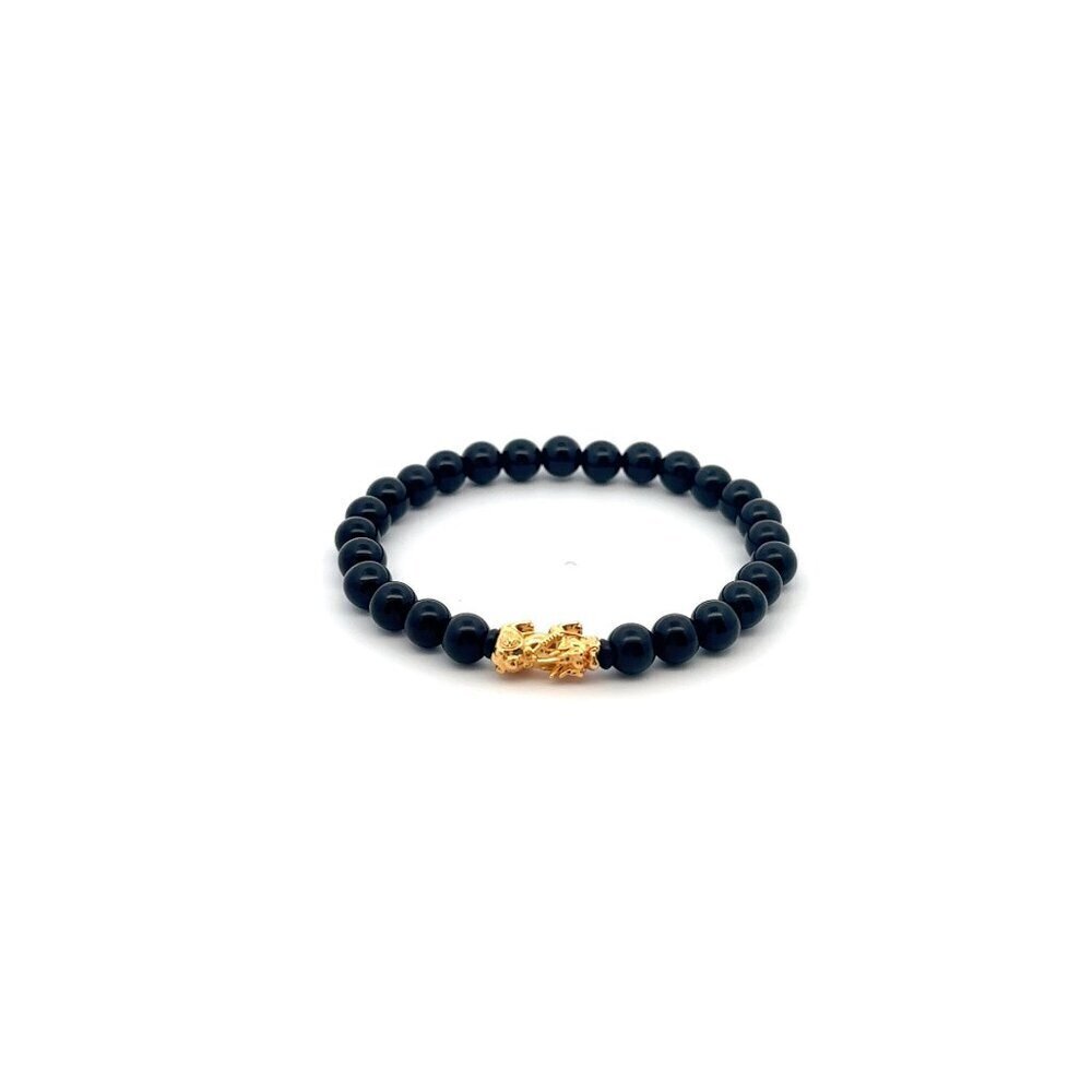 18K Gold Pixiu Piyao Lucky Charm Bracelet Black Obsidian Gemstones 6mm